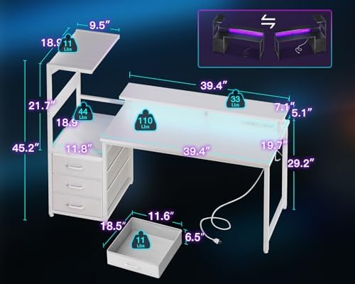 AODK 52 Inch Gaming Desk with USB Charging Ports & LED Light- Reversible Computer Desk with Storage Shelves & Monitor Stand, Modern Gamer Desk Table with Fabric Drawers, White