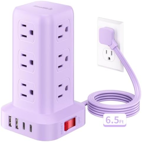 Extension Cord with Multiple Outlets, SMALLRT Power Strip Tower, Outlet Extender with 12 AC Outlets 4 USB, 6.5FT Extension Cord for Home Dorm Room, Office Supplies, Purple