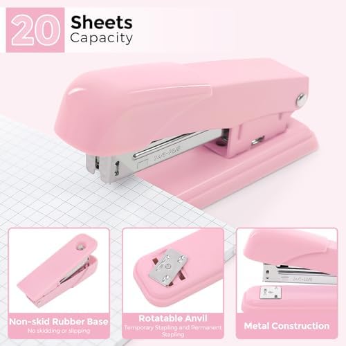 SKYDUE Pink Office Supplies Set, Pencil Holder for Desk,Gel Pen, Stapler, Tape Dispenser, Scissors,Clips and 1000pcs Staples, Office Decor for Women, Pink Desk Accessories