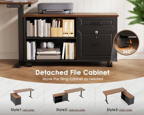 OffiGo 48" L Shaped Electric Standing Desk with Cabinet Sets, Walnut/Black