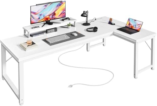 PRAISUN 53" L Shaped Computer Desk, Power Outlets, Monitor Stand, White