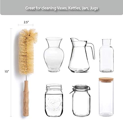 4Pcs Long Handle Bottle Cleaning Brush Set by HELLO NATURE, Sustainable & Biodegradable Natural Fibre Bamboo Handle Brushes Zero-Waste & Plastic Free