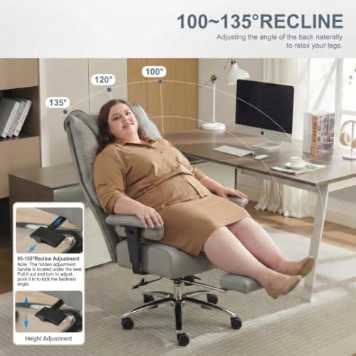 EXCEBET Big and Tall Office Chair 400lbs Wide Seat, Leather High Back Executive Office Chair with Foot Rest, Ergonomic Chairs Lumbar Support for Lower Back Pain Relief (Light Grey)