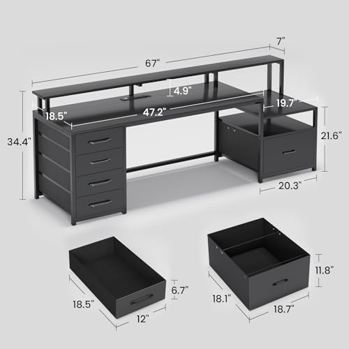 SEDETA Computer Desk with 5 Drawer, Power Outlet, Led Lights, Black