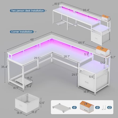 SEDETA 66" Reversible L Shaped Computer Desk with Power Outlet, File Drawer