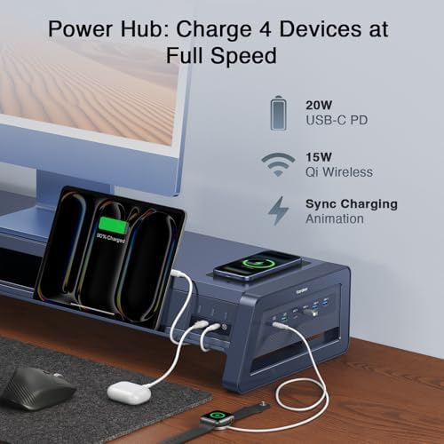 Vaydeer All-in-One Dual Monitor Stand Riser with 2 Drawers, 8USB Ports and Wireless Charging Pad with LED Light Strip for 2 Monitors , Desk Organizer for PC, iMac (Metal, 39.3 inches)-White
