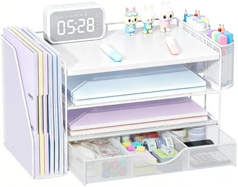 gianotter Wood Desk Organizers and Accessories with File Holder, 4-Tier Desk Accessories & Workspace Organizers with Drawer and 2 Pen Holder, Desk Reference Organizer (White, 4T with Metal Drawer)