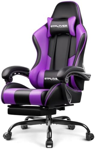 GTPLAYER Gaming Chair, Computer Chair with Footrest and Lumbar Support, Height Adjustable Game Chair with 360°-Swivel Seat and Headrest and for Office or Gaming (Faux Leather, Purple)