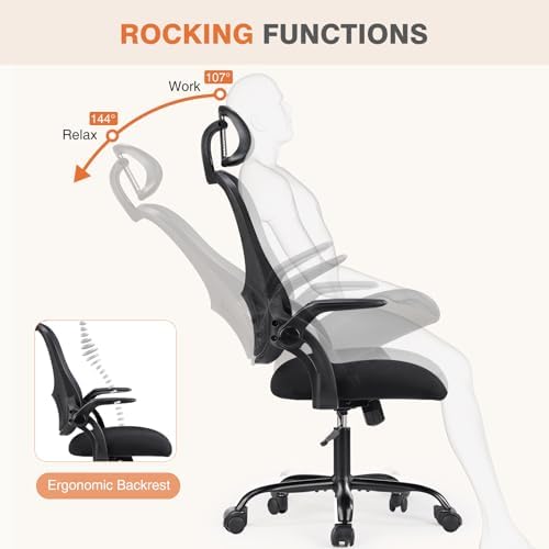Sweetcrispy Home Office Managerial Executive Chair, High-Back Mesh with Adjustable Headrest, Flip-up Armrest Comfortable Lumbar Support, Comfy Arms for Bedroom,Study,Student