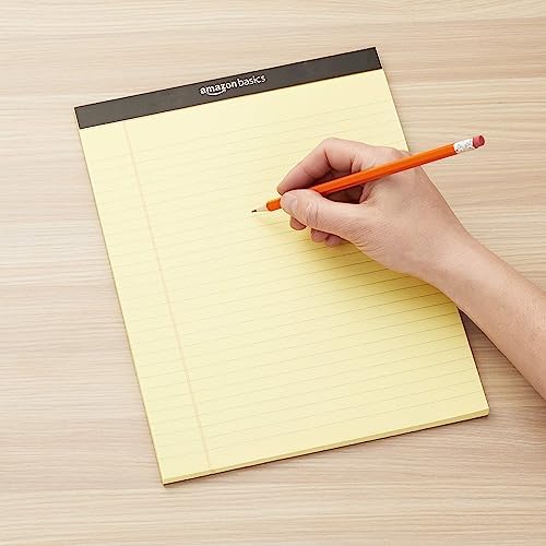 Amazon Basics Wide Ruled Lined Writing Pads, 8.5" x 11.75", Canary, 12-Pack of 50 Perforated Sheets, Sturdy Backing