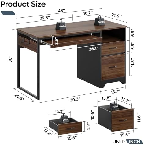 Bestier 48” Computer Desk with Drawers, Office Desk with Storage, Industrial Wood Writing Desk with File Drawer, Keyboard Tray & 2 Hooks for Home Office & Studio, Cherry