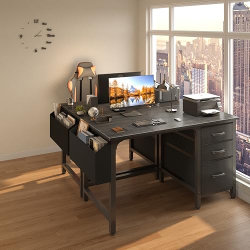 Lufeiya Computer Desk with File Drawers Cabinet, 47 Inch Reversible Home Office Desks with Filing Cabinet for Small Space, Gaming Study Writing Table PC Desks, Black