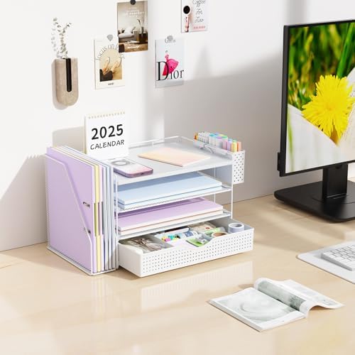 Wood Desk Organizers and Accessories with File Holder, 4-Tier Desk Accessories & Workspace Organizers with Drawer and Pen Holder, Desk Reference Organizer (White, 4T with Drawer)