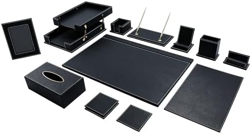 Leather Desk Set, 13-Piece All-in-One – Executive Desk Accessories & Office Supplies, Desk Organizer with Desk Pad & Blotter, 2-Tier Letter Tray, Luxury Office Desk Decor & Boss Gifts (Black)