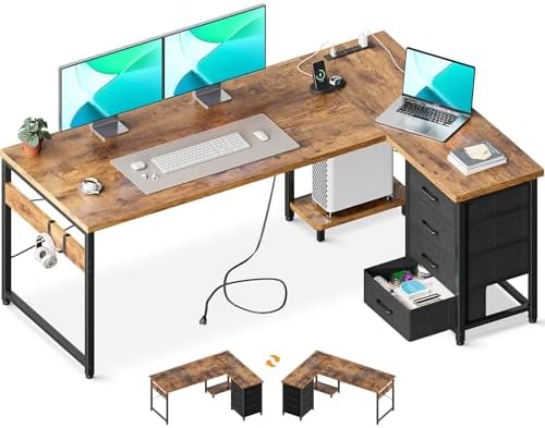 AODK 61" L Shaped Gaming Desk with 4 Drawers and Power Outlets, Vintage