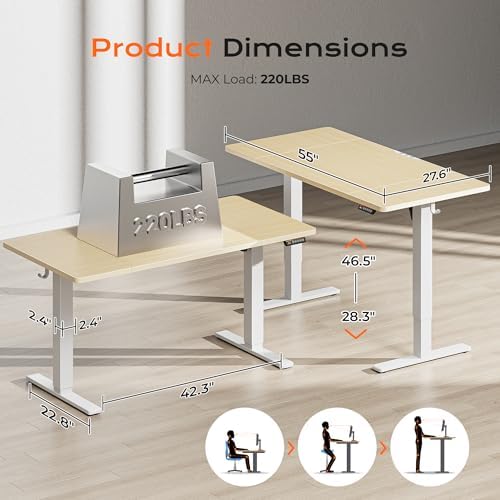 Huuger 55 x 28 Large Electric Standing Desk, Height Adjustable Desk, 27.6" Deep Desktop, Stand up Gaming Computer Office Desk with 2 Hooks, 3 Preset Heights, for Home Office, Maple
