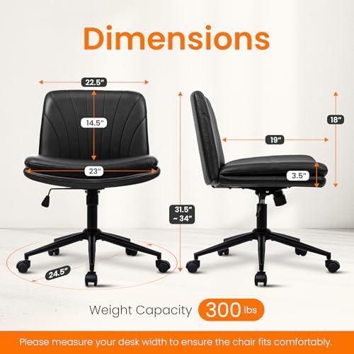 NEO CHAIR Criss Cross Chair with Wheels Armless Cross Legged Office Desk Wide Comfy Vanity Makeup Chair Adjustable Swivel Rolling Computer for Home Office PU Leather (Black)