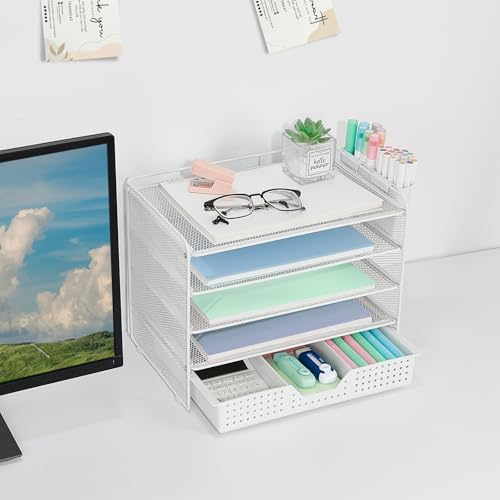 LEKETREE Desk Organizer and Accessories, 5-Tier Paper Letter Tray Organizer with Drawer & 2 Pen Holders for Desktop File Organization, Office Desk Accessories for Supplies Storage (White)