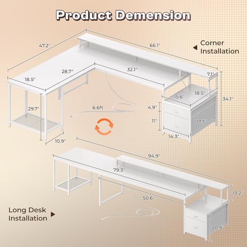 PRAISUN 66" L Shaped Gaming Desk with LED Lights & Power Outlets