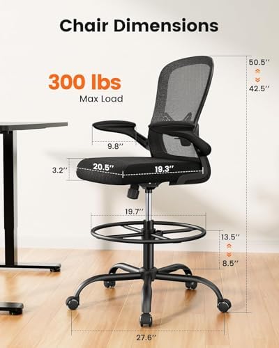 ErGear Drafting Chair, Standing Desk Chair with Flip-Up Armrests, High Desk Chair Adjustable Height, Ergonomic Tall Office Chair with Lumbar Support and Adjustable Footrest Ring,8 Pack