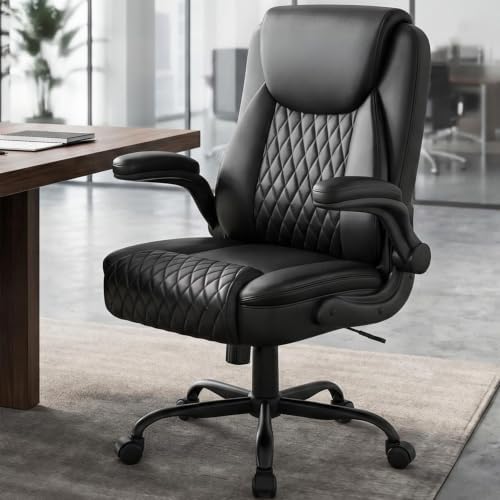 GTPOFFICE Executive Office Chair with Comfortable Lumbar Support, Ergonomic Gaming Chair with Flip-up Armrests & Zoned Pressure-Relief Cushion, Comfy PU Leather Desk Chair, Black