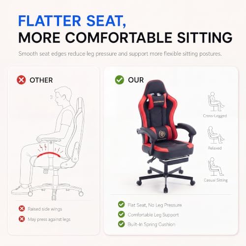 Desk Computer Gaming Chair - High Back Ergonomic Office Chair with Footrest and Lumbar Support, Swivel Comfy Home Gamer Video Game Chairs with Pocket Spring Cushion for Adults (Red Leather)