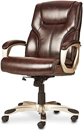 Amazon Basics Executive High Back Office Chair, Adjustable Height, Tilt, Swivel, Padded Armrests, Brown/Gold