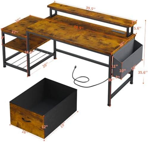 EnHomee 56.5" Office Desk with Drawers & Printer Space for Home Work,Brown