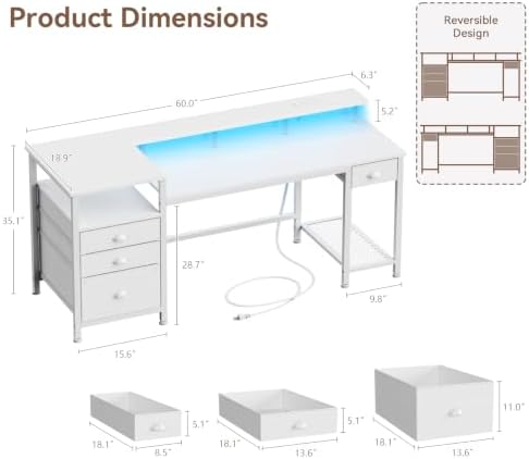 Furologee 60" White Computer Desk with 4 Drawers, Power Outlet, LED Lights