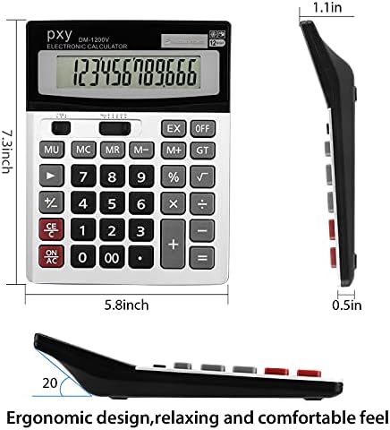 Desk Calculator 12 Digit Extra Large LCD Display, Touch Comfortable with Big Buttons, PXY Two Way Power Battery and Solar Standard Function Office Calculators