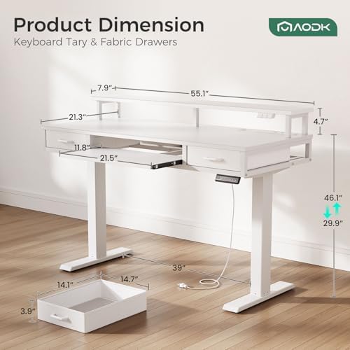AODK 55 Inch Electric Standing Desk with Drawers & Keyboard Tray, White