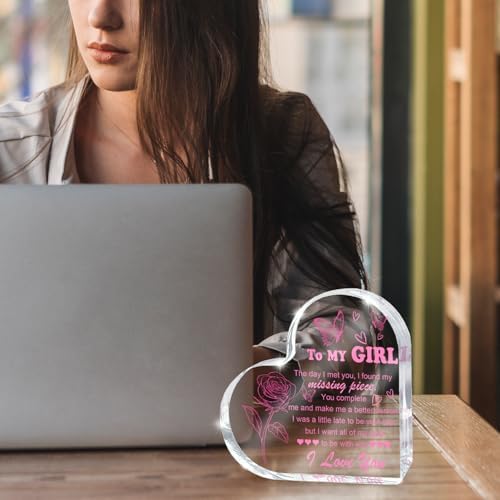 Love Heart Shaped Acrylic for Women, Pink Romantic "For My Girl" Decorative Gift, Anniversary Valentine's Day Gift, Couple Desk Decoration, Valentines Day Office Desk Accessories Decoration 4x4 Inch