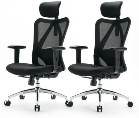 SIHOO M18 Ergonomic Office Chair, High Back Mesh Desk Chair with Adjustable Headrest & Lumbar Support, 330lbs Capacity Computer Chair with 2D Armrests & Wide Cushion, Tilt Lock, 2 Packs-Black
