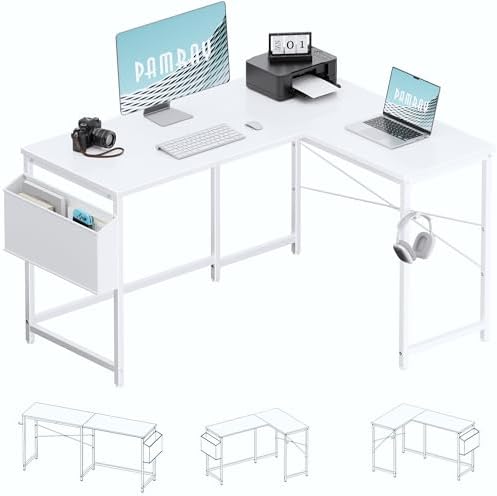 Pamray 47 Inch Reversible L Shaped Gaming Desk Corner Computer Desk with Storage Bag Home Office Table for Writing Study White
