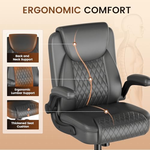 GTPLAYER PU Leather Office Chair, Home Desk Chair with Flip-up Arms, Gray