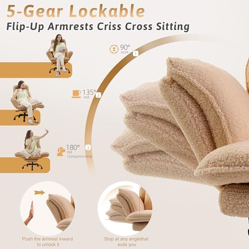 Wider Seat Office Chair with Flip Armrests for Criss Cross Legged&Cats, Big and Tall Executive Ergonomic Reclining Chair with Footrest&Lumbar Pillow, Teddy Fleece Desk Chair,Brown Vanity Chair