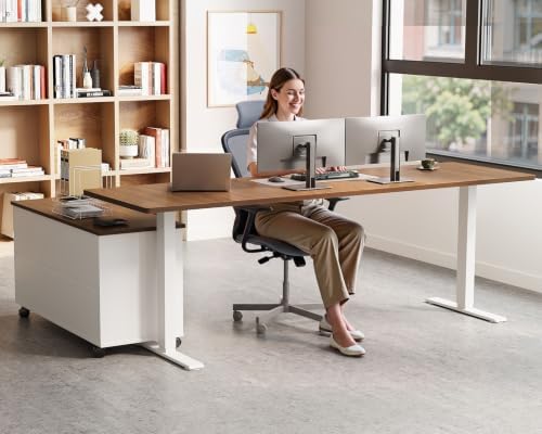 OffiGo 71" L Shaped Electric Standing Desk with Cabinet Sets, Walnut/White