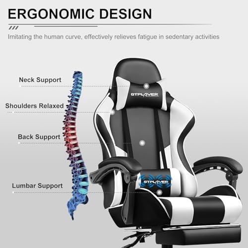 GTPLAYER Gaming Chair, Computer Chair with Footrest and Lumbar Support, Height Adjustable Game Chair with 360°-Swivel Seat and Headrest and for Office or Gaming (White)