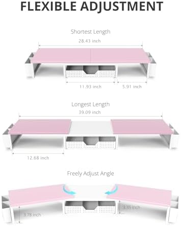 OPNICE Desk Organizers and Accessories, Dual Monitor Stand Riser with Drawer and 2 Pen Holders, Desk Shelf Computer Racks for Office Workspace Organizers, Desktop Organization (Pink-White)