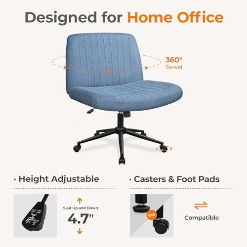 NEO CHAIR Criss Cross Chair with Wheels Armless Cross Legged Office Desk Wide Comfy Vanity Makeup Chair Adjustable Swivel Rolling Computer for Home Office Fabric (Blue)