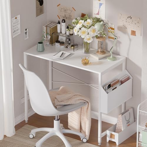 Pamray 32 Inch Computer Desk Small Spaces Desk with Storage Bag for Bedroom Writing and Home Office Work Small Study Desk Table White