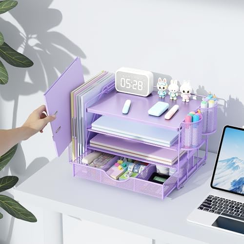 gianotter Wood Desk Organizers and Accessories with File Holder, 4-Tier Desk Accessories & Workspace Organizers with Drawer and 2 Pen Holder, Desk Reference Organizer (Purple, 4T with Metal Drawer)