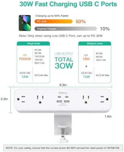 Mifaso PD30W Desk Clamp Power Strip, Surge Protector, Fast Charging Station