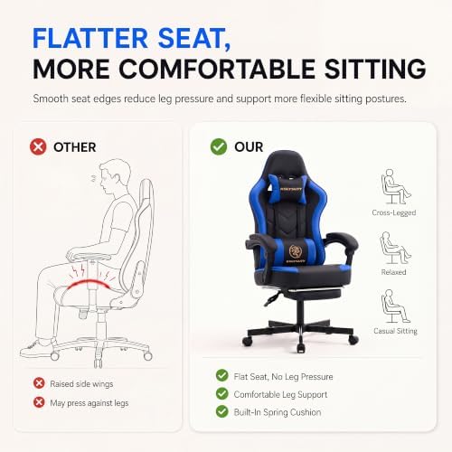 Desk Computer Gaming Chair - High Back Ergonomic Office Chair with Footrest and Lumbar Support, Swivel Comfy Home Gamer Video Game Chairs with Pocket Spring Cushion for Adults (Blue Leather)