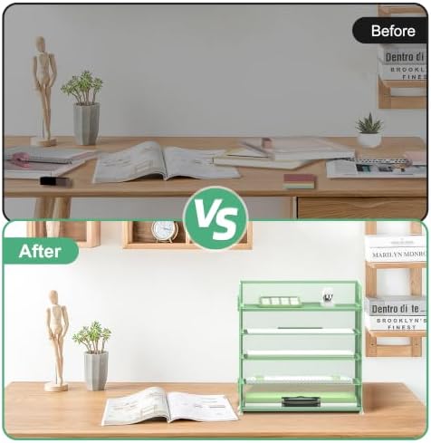 Supeasy 5 Trays Paper Organizer Letter Tray with Handle-Mesh Desk File Holders, Paper Sorter Desk Organizer for Office, Home, Classroom or School(Mint Green)