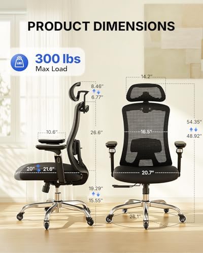 HUANUO Ergonomic Office Chair with 6D Armrest, Seat Depth Adjustment, Lumbar Support, Quiet Rubber Caster, High Back Mesh Gaming Chair with 3D Headrest, Big and Tall Chair for Home Office, Pack of 8