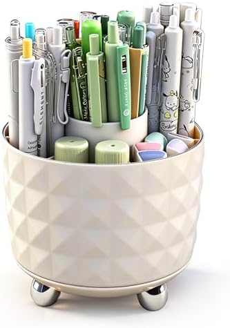 GOTOBA 360° Rotating Pencil Holder for Desk, Makeup Brush Holder with 6 Slots, Desk Organizer for Writing Utensil, Office and School Supplies (Milky White)