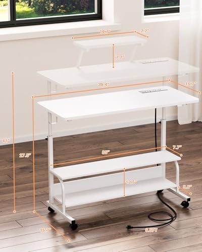 Height Adjustable Standing Desk with Power Outlets and LED Lights - 39" Manual Stand Up Desk with Monitor Stand and Storage Shelves Small Mobile Rolling Computer Desk Portable Laptop Table, White