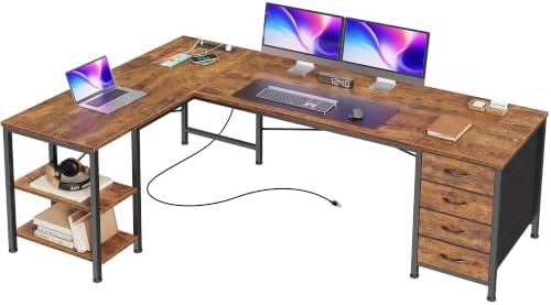 Huuger 55 Inch L Shaped Desk with Fabric Drawers, Reversible Computer Gaming Desk with Power Outlets and USB-C Port, Adjustable Side Storage Shelves, for Work Corner Home Office, Rustic Brown