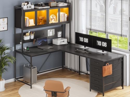 SEDETA L Shaped Gaming Corner Desk with Drawers, Hutch and Storage Shelves